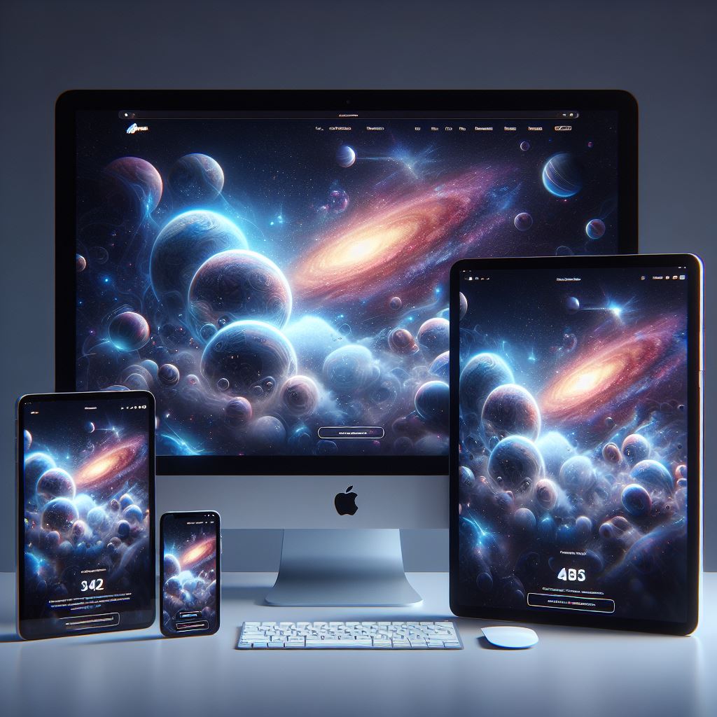An imac, an ipad and an Iphone showing the same exact website in a responsive way hyper realistic
