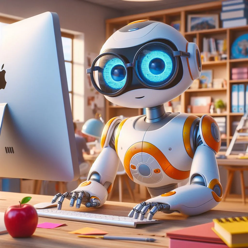 friendly robot working with an imac