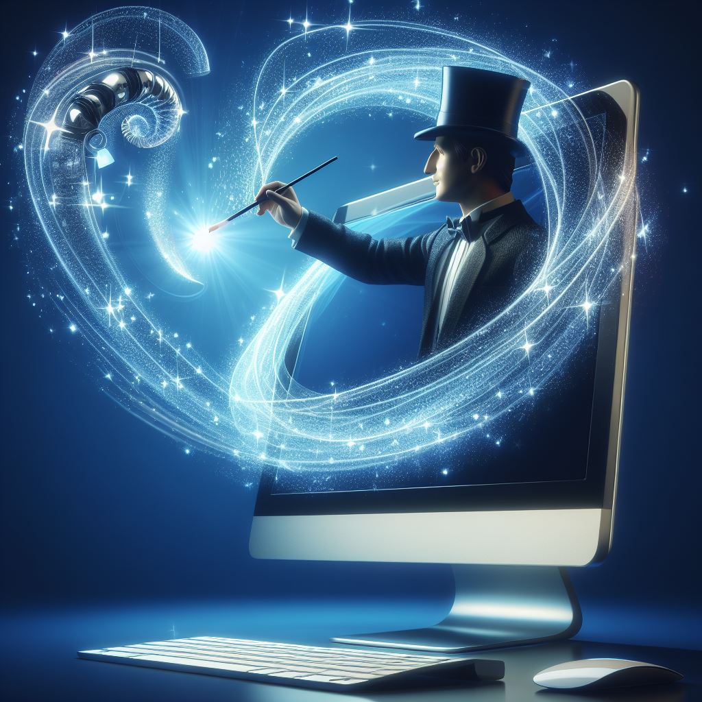 magician coming out of a computer monitor